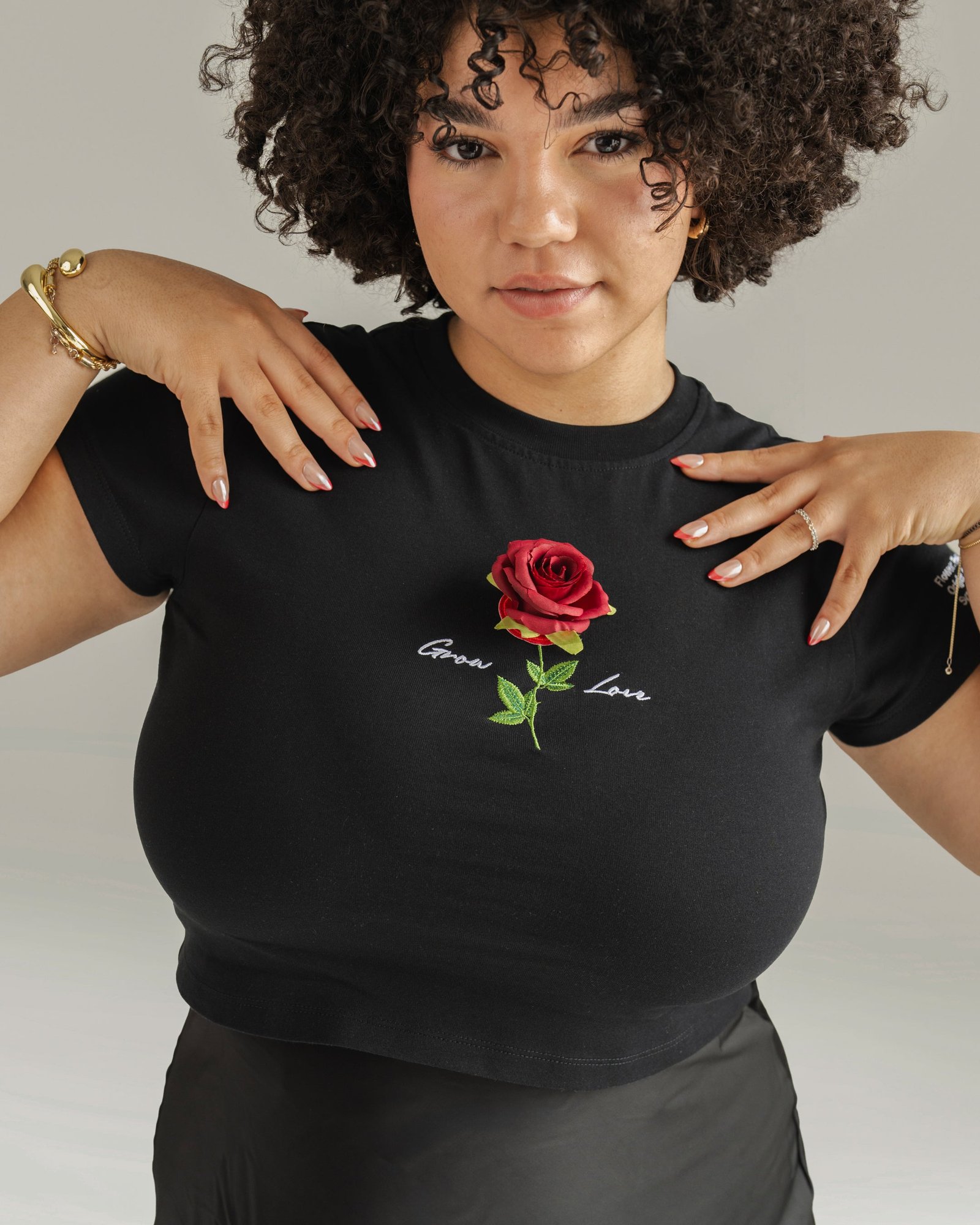 Model showcasing an expressive floral tee